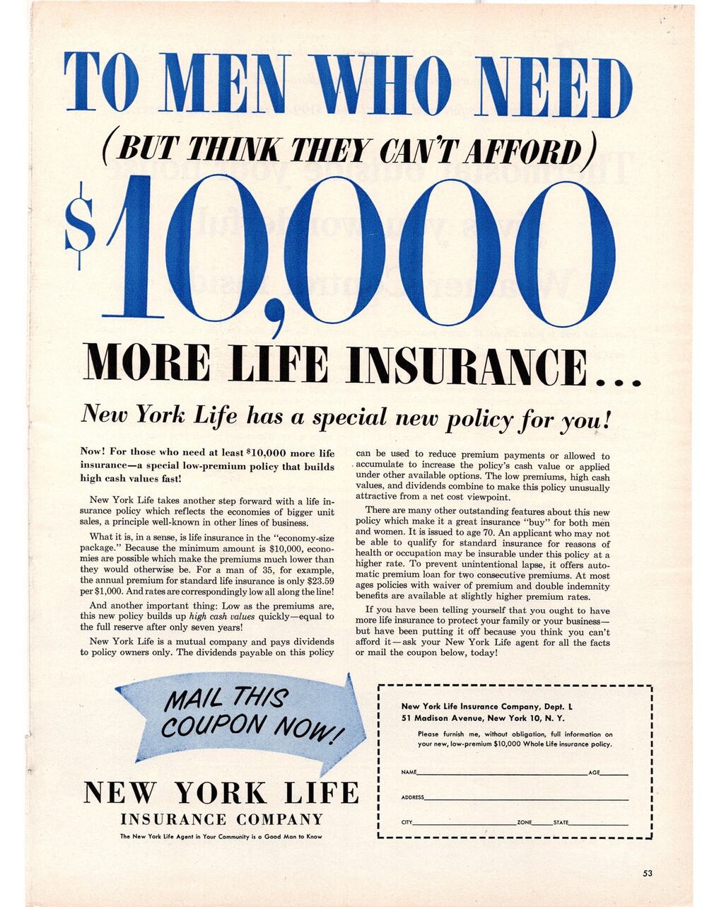New York Life Insurance Company Advertisement 1954 Vintage Business 10000 Policy